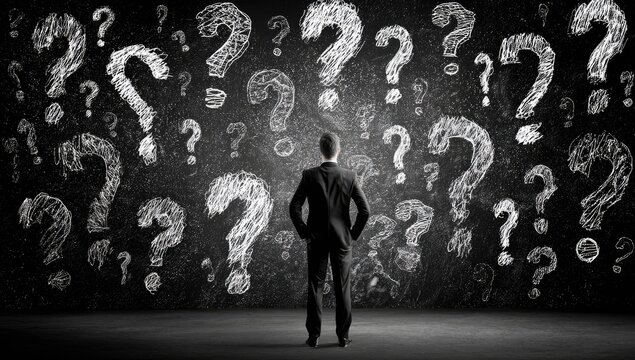Man in suit stands before a wall covered in chalk question marks