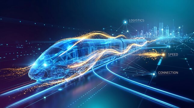 Futuristic high-speed train concept illustrating logistics, speed, and connection with glowing digital lines and a bokeh city skyline in the background.