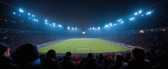 Fototapeta premium Vibrant evening scene of a large football arena packed with excited fans behind goalposts