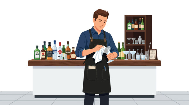 Illustration of a bartender preparing a drink behind a bar counter with various bottles