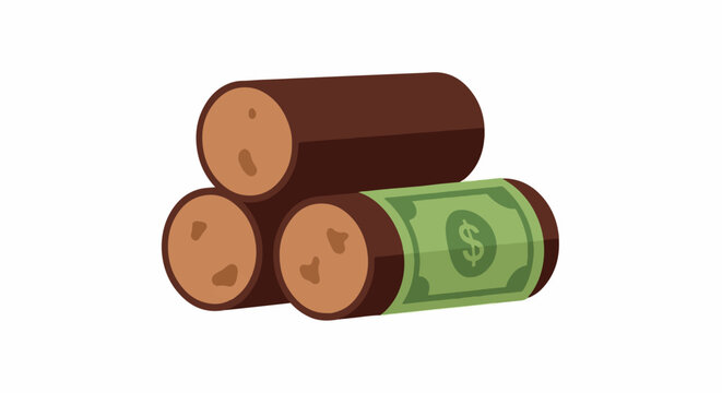 Wooden logs and rolled dollar bill illustration concept.