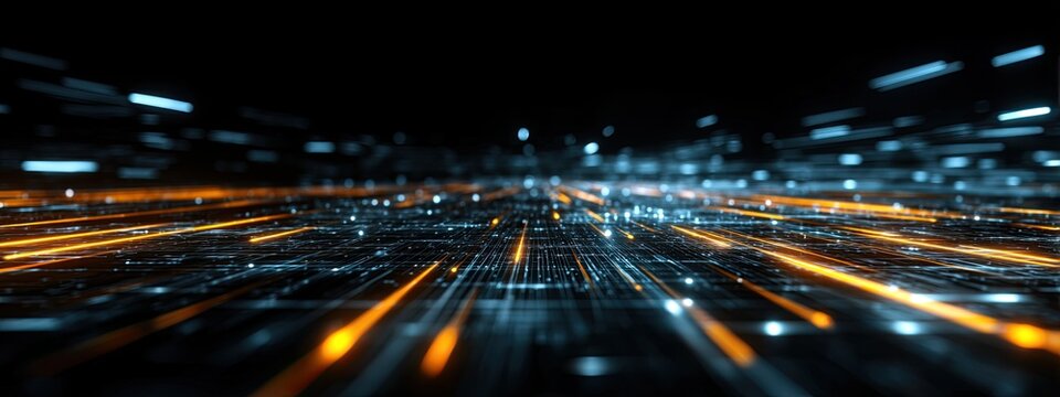 Abstract digital network with blurred blue and orange lights streaking