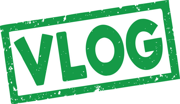 Distressed green VLOG word inside a grunge style rectangular stamp on a clear white surface