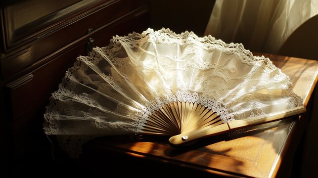 mahogany. Lace fan and old gloves on a mahogany dressing table, elegant still life. lifestyle magazines, social media lookbooks, designed for influencer and brand collaborations.