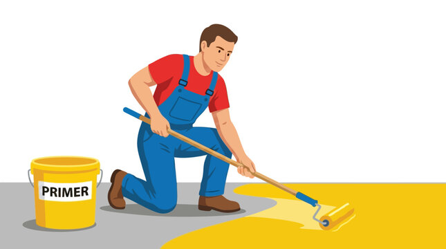Man applying primer with a roller in a construction setting.