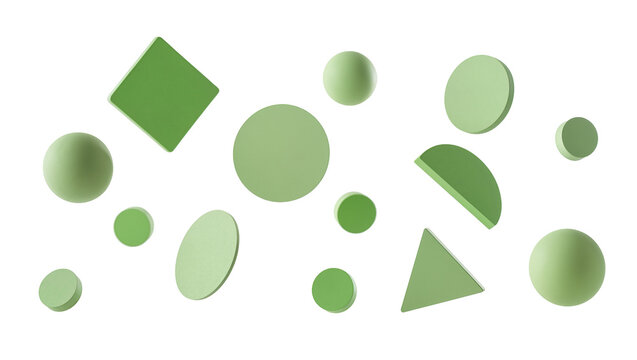 Isolated collection of various green 3D geometric shapes and objects on a clean surface.