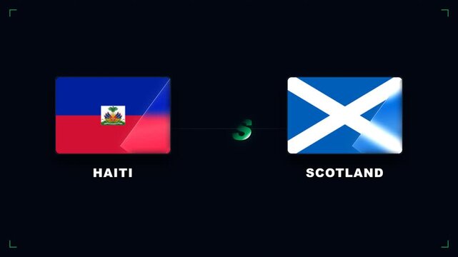 Vivid graphic display of an international sports contest featuring Haiti and Scotland national flags, with a central score, representing competitive athletic spirit and global team rivalry
