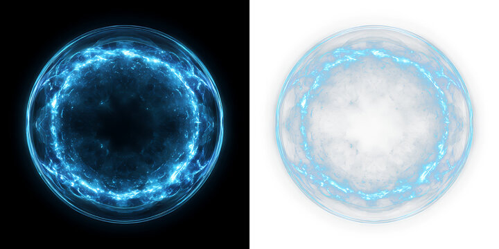 Electric blue neon energy circle with plasma glow and lightning sparks, PNG