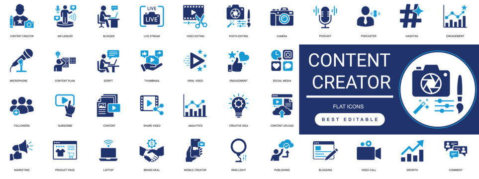 content creator solid icon set. media, influencer, vlogging, streaming, camera, audio, broadcast, social. editable vector illustration.