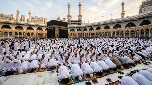 Large Crowd of Diverse Muslim Pilgrims in White Ihram Performing Prayer and Prostrating Before the Holy Kaaba at Masjid al-Haram in Mecca, Saudi Arabia During Hajj or Umrah Pilgrimage Season