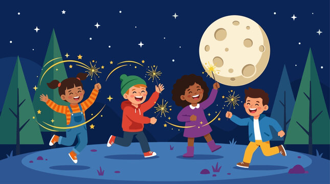 A heartwarming flat design illustration capturing the innocent joy of children playing with sparklers under the radiant full moon during the Mid-Autumn Festival. 