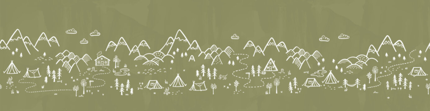 Cute hand drawn vector seamless pattern with camping doodles, tents, landscape and trails, great for textiles, banners, wallpapers