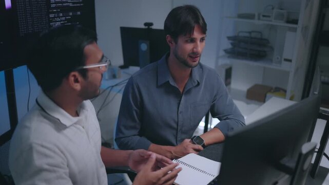 Software Developers Discussing AI Code On Computers In Tech Office Setting