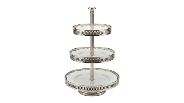 Three tier silver cake stand isolated on transparent background png