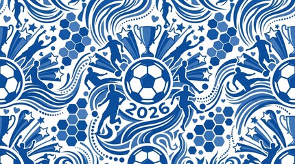 Fototapeta premium Sport event soccer players trophy ball and 2026 date seamless blue pattern