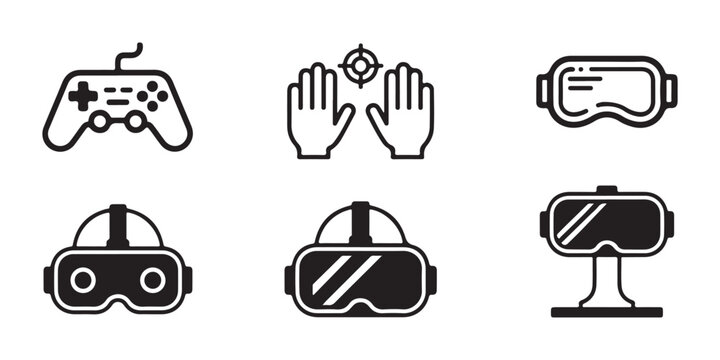 Collection of gaming and virtual reality icons showing controller VR headset and aiming reticle.
