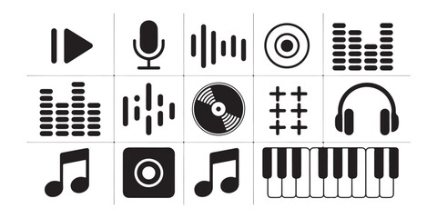 Music and audio production equipment icons set including microphone headphones equalizer bars and piano keyboard. © MSTGIRATUN