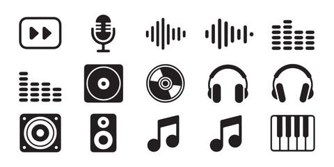 Multimedia audio player icons collection with headphones speaker vinyl record waveform and musical keyboard. © MSTGIRATUN