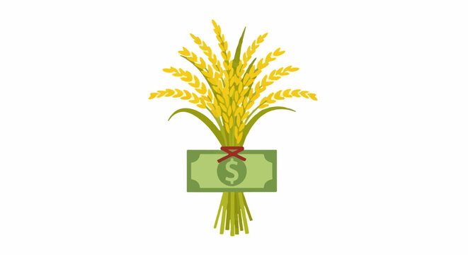 Golden wheat bundle wrapped with dollar bill illustration.