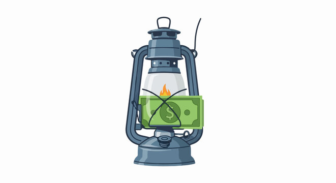 Vintage lantern holding a stack of money illustration.