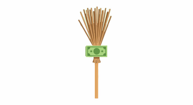Illustration of broom with dollar bill attached to handle.
