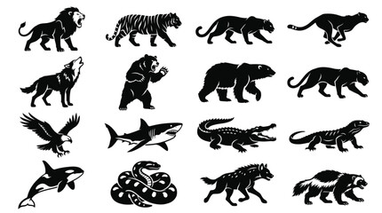 Obraz premium Set of Wild Animal Silhouettes: A collection of striking black silhouettes showcasing various wild animals in dynamic poses, representing the diverse and powerful creatures of the natural world.