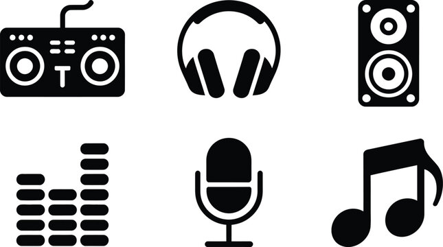 Set of music studio and audio production icons including dj deck headphones and speakers with production headphones microphone equalizer recording collection silhouette entertainment