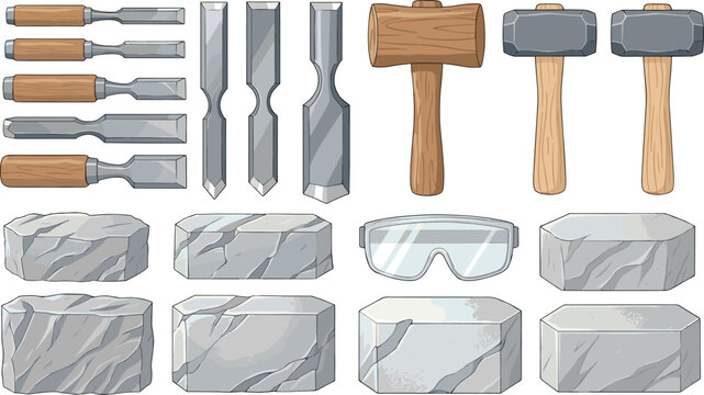 Traditional Stone Carving and Stonemasonry Hand Tools Vector Set Featuring Steel Chisels Wooden Mallet Iron Sledgehammers Safety Goggles and Rough Marble Blocks