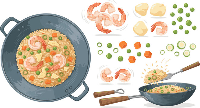 Shrimp Fried Rice Cooking Vector Element Set Featuring Wok Pan Deconstructed Ingredients Prawns Scallops Green Peas Diced Carrots Scallions and Spatula