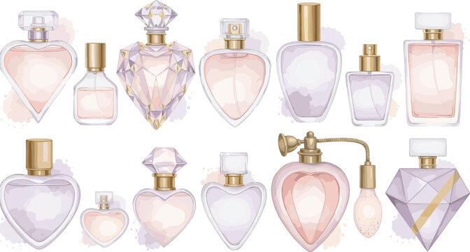 Luxury Perfume Bottle Vector Set Featuring Elegant Crystal Fragrance Flacons Heart Shaped Glass Atomizers Geometric Geometric Vials and Watercolor Splash Accents