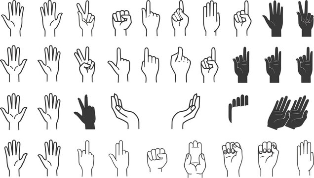 Hand Gesture and Finger Counting Vector Icon Set Featuring Pointing Fingers Open Palms Fists Clapping Hands and Peace Signs for Communication Design