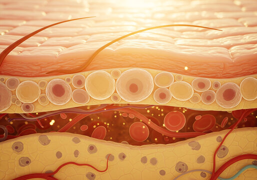 Detailed microscopic illustration of human skin layers showing epidermis with cells hair follicles and blood vessels in cross section