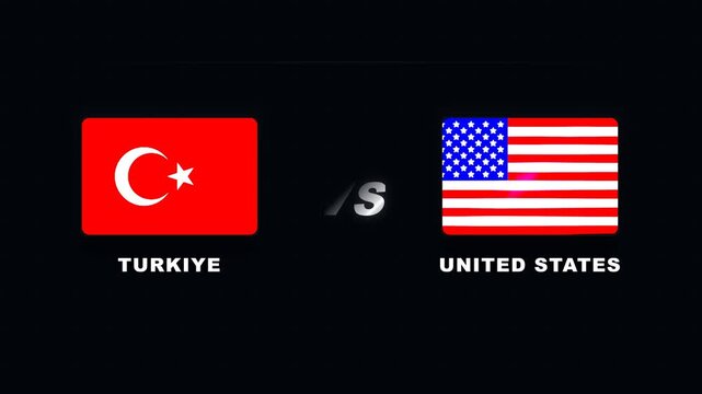 Striking visual graphic presenting a direct comparison between the sovereign flags of Turkey and the United States, symbolizing bilateral relations, competition, or an international event