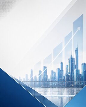 Investor pitch deck background with corporate growth theme. Blurred skyline and rising graph suggest business expansion. Polished blue layout provides space for financial messaging.