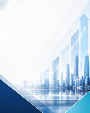 Enterprise growth infographic background for professional presentation. Soft blue chart bars overlay a blurred financial district. Spacious white area supports clean business communication.