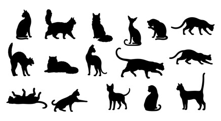 Obraz premium Vector illustration. Silhouettes of black cats. Set of animal stickers. Large set. 