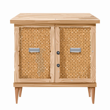 Boho-Kommode aus hellem Naturholz mit geflochtenen Rattanfronten
