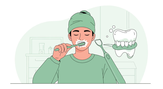 Person brushing teeth with toothbrush and toothpaste, dental hygiene concept