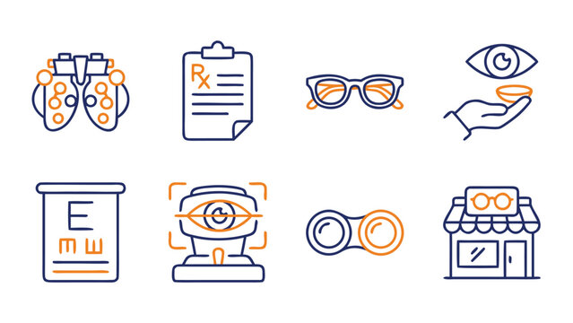 Comprehensive set of eight optometry and vision care vector icons featuring eye examinations, prescriptions, eyeglass frames, lens fitting, eye charts, and medical optical tools for eye doctors.