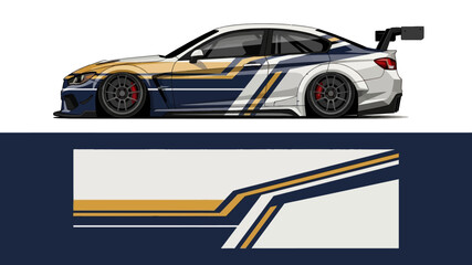 Fototapeta premium Side view of a high-performance race car featuring bold blue, white, and gold racing stripes.