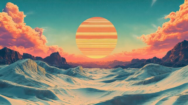 80s retro scene with solarizing master style, desert waves, horizon, god rays, cypherpunk