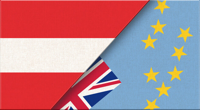 Double flag of Austria and Tuvalu on fabric texture