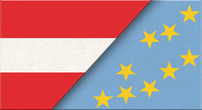 Double flag of Austria and Tuvalu on fabric texture