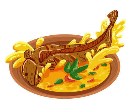 fried Catfish or Mangut Lele,traditional food Indonesia. food cartoon Illustration
