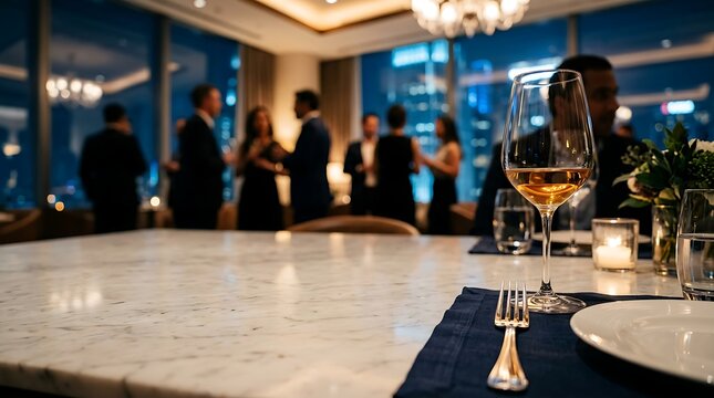 Elegant corporate networking event with wine glasses and modern decor in dim ambient lighting
