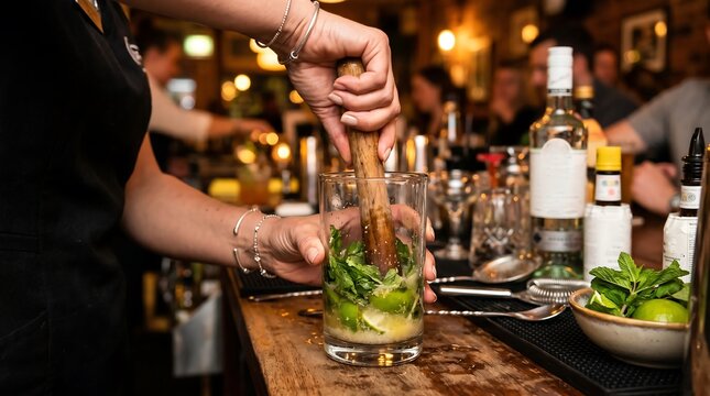 Woman bartender muddling lime and mint leaves in glass behind bar counter. Professional preparing mojito cocktail. Nightlife, mixology and beverages service in pub or restaurant.