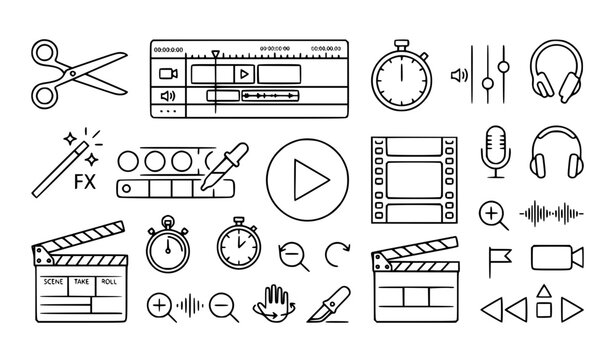 Black and white video editing line icon set with cutting timeline and post production tools
