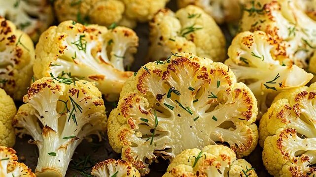 Close-up of perfectly roasted cauliflower florets with herbs.