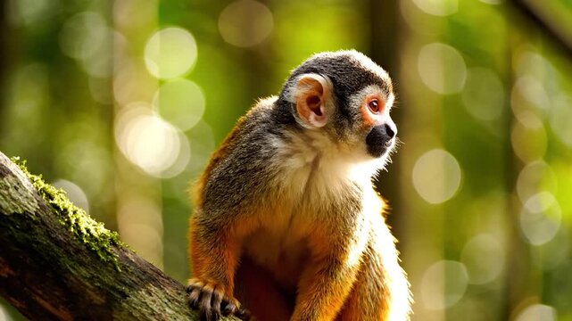 Squirrel monkey perched on branch in sunny tropical forest.