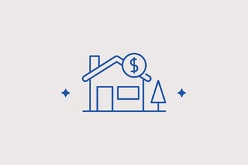 Fototapeta premium Country residential house with dollar sign line icon for real estate property mortgages. Secure vector illustration for apartment insurance companies, banking loans, or sales.